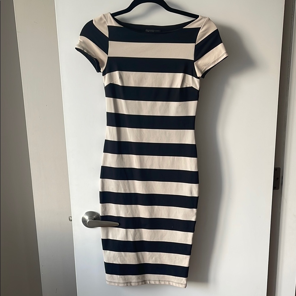 Bebe Beige and Black Bodycon Midi Dress with Cap Sleeve